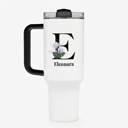 Thermosbeker met handvat en rietje, gepersonaliseerd met initiaal en naam