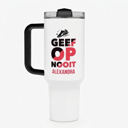 Thermosfles met handvat en rietje, gepersonaliseerd met naam - Never give up