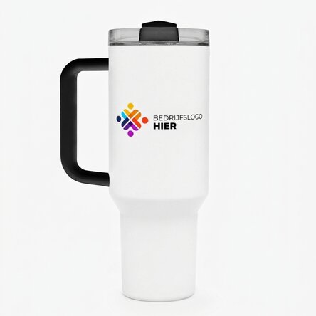 Thermosfles met handvat en rietje, gepersonaliseerd met logo