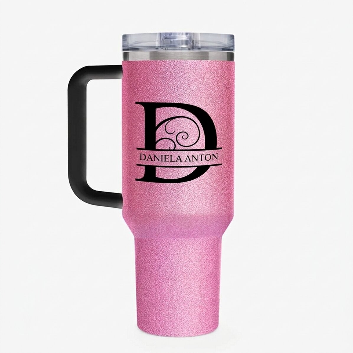Thermosbeker met handvat en rietje, gepersonaliseerd met een monogram