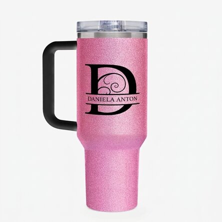Thermosbeker met handvat en rietje, gepersonaliseerd met een monogram