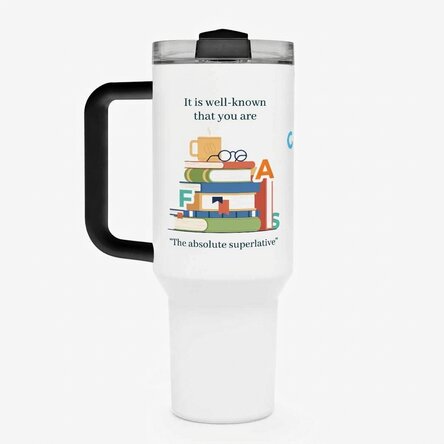 Thermos mug with handle and straw, personalised with message - Romanian teacher