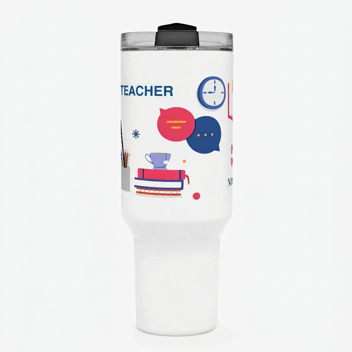 Thermosbeker met handvat en rietje, gepersonaliseerd met een boodschap - De lerares Engels