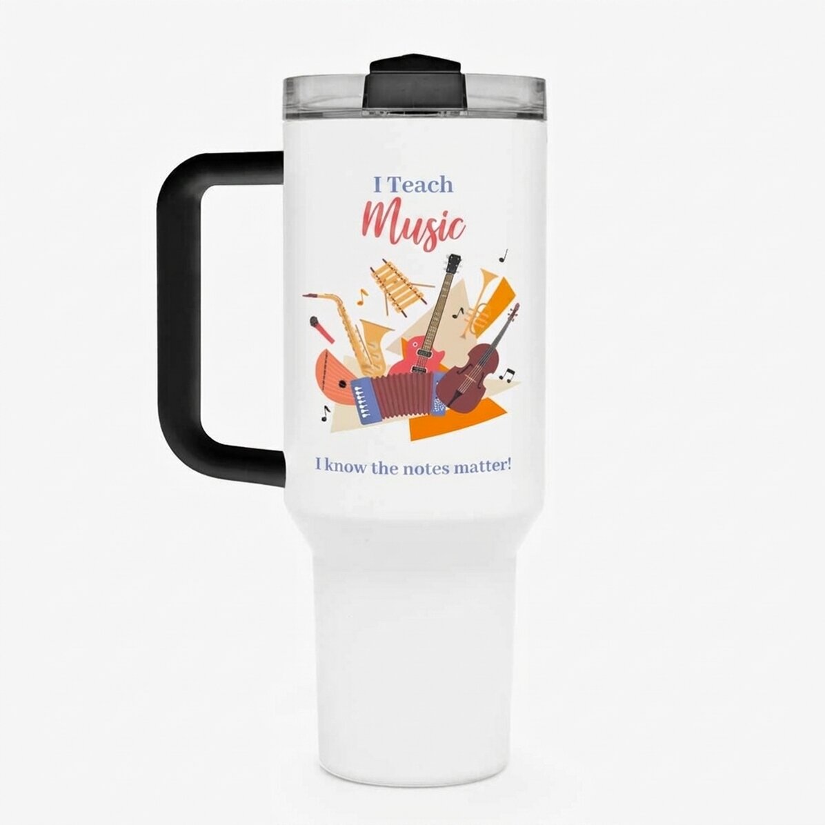 Thermosbeker met handvat en rietje, gepersonaliseerd met een boodschap - Lerares muziekonderwijs