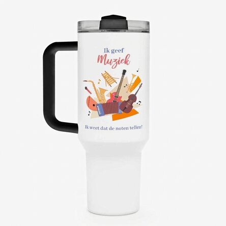 Thermosbeker met handvat en rietje, gepersonaliseerd met een boodschap - Lerares muziekonderwijs