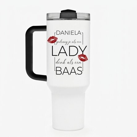 Thermosbeker met handvat en rietje, gepersonaliseerd met de tekst: ‘Think like a lady, act like a bo