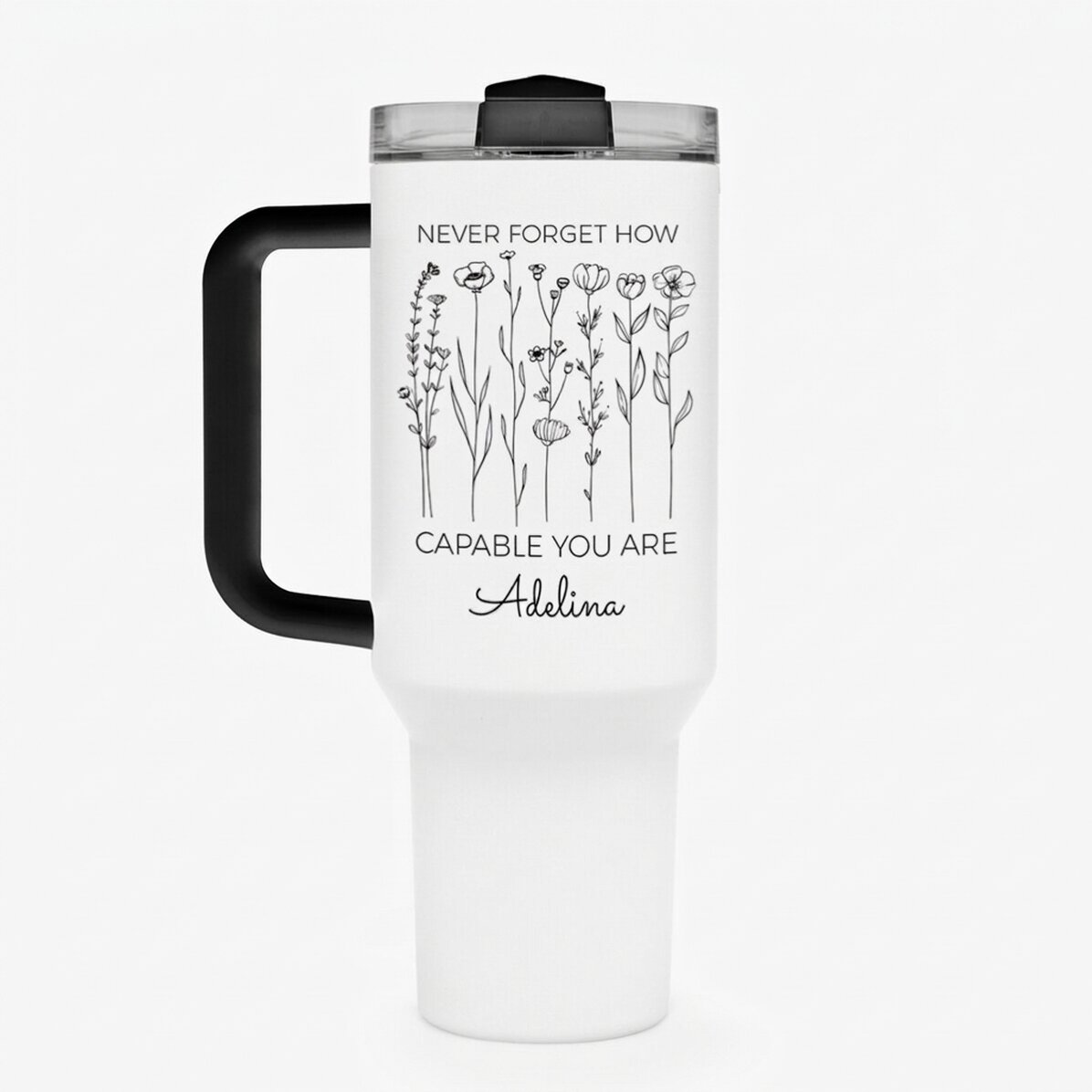 Thermosbeker met handvat en rietje, gepersonaliseerd met tekst - Flowers