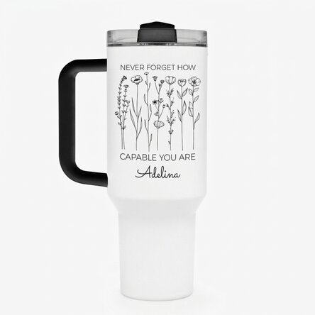Thermos mug with handle and straw, personalised with text - Flowers