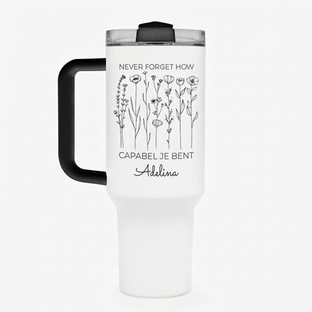 Thermosbeker met handvat en rietje, gepersonaliseerd met tekst - Flowers