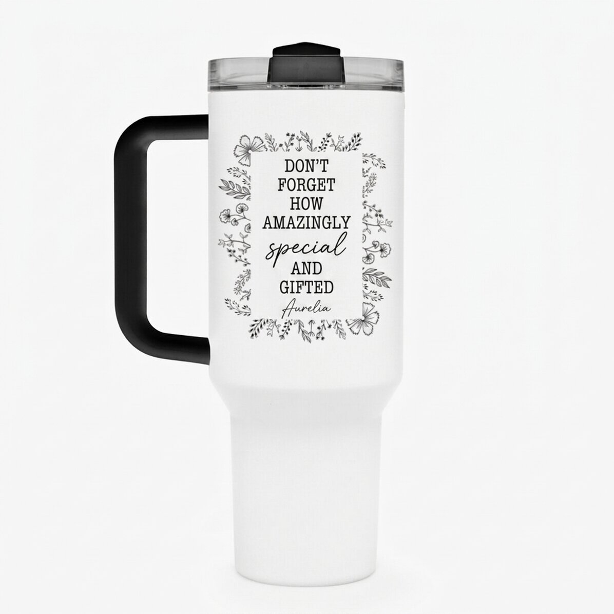 Thermosbeker met handvat en rietje, gepersonaliseerd met tekst - Flower frame