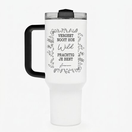 Thermosfles met handvat en rietje, gepersonaliseerd met tekst - Flower frame