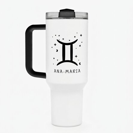 Thermosfles met handvat en rietje, gepersonaliseerd met tekst - Sterrenbeeld Tweelingen
