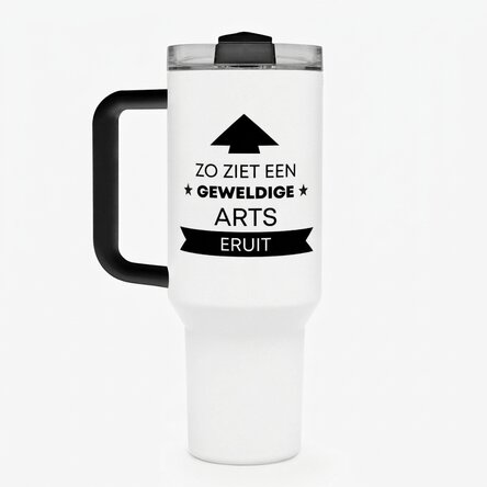 Thermosfles met handvat en rietje, gepersonaliseerd met tekst – Zo ziet hij eruit