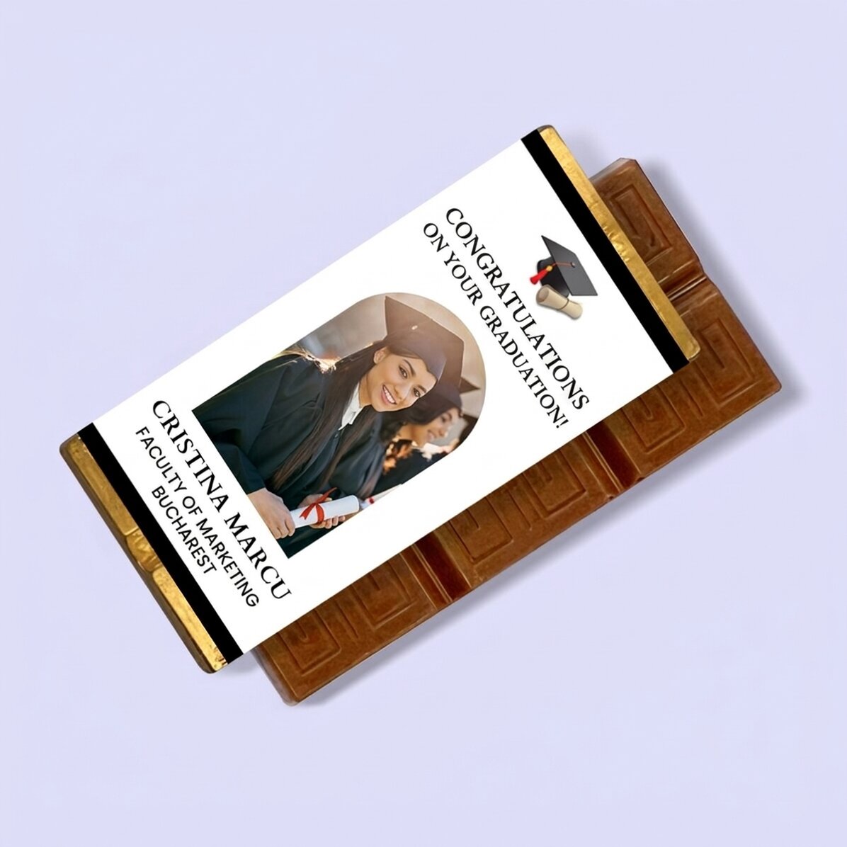 Gepersonaliseerde mini-chocoladereep met foto en boodschap - Afstuderen