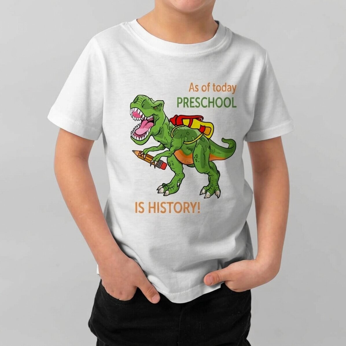 Katoenen T-shirt voor kinderen, gepersonaliseerd met tekst - De kleuterschool is verleden tijd!