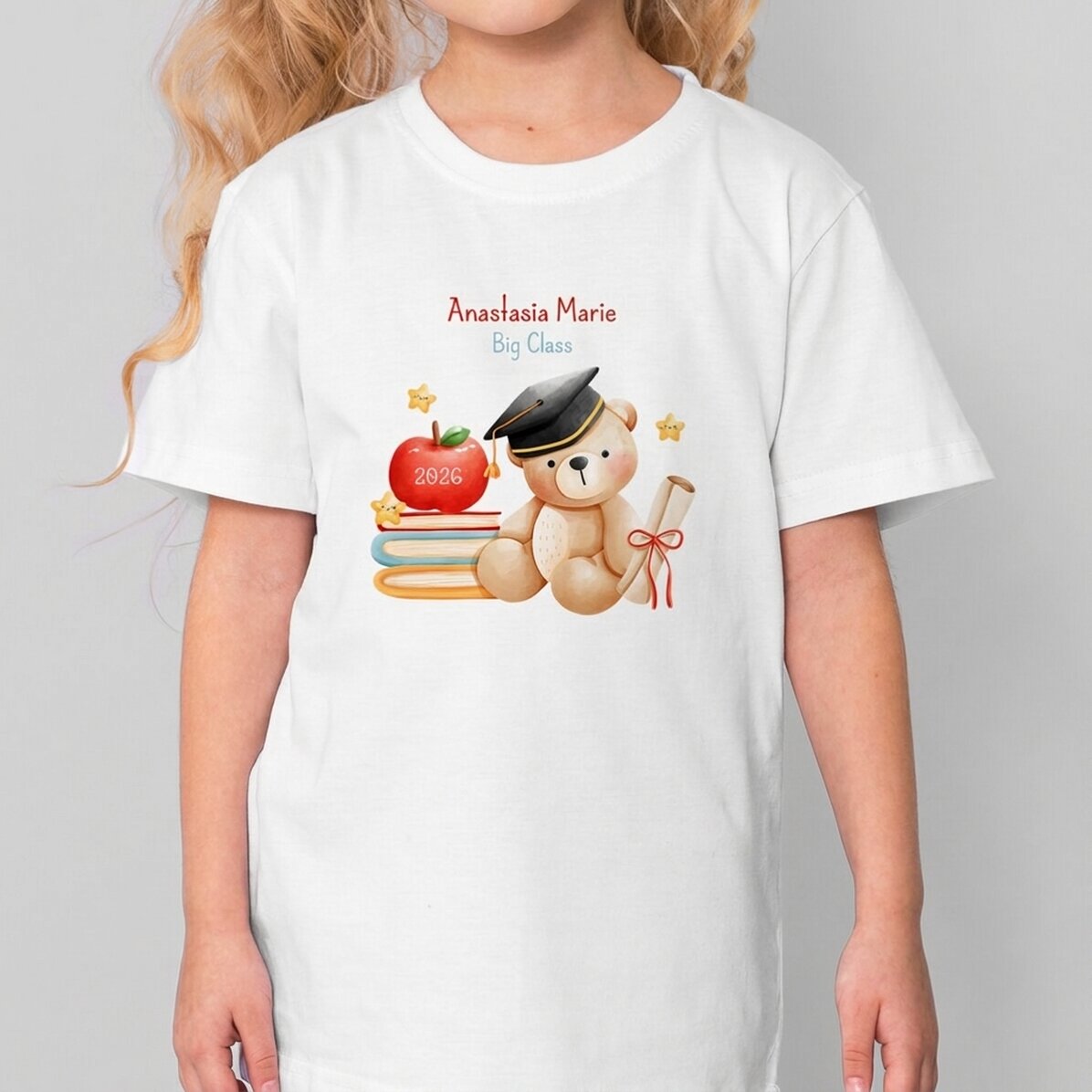 Katoenen T-shirt voor kinderen, gepersonaliseerd met tekst - Het afgestudeerde beertje