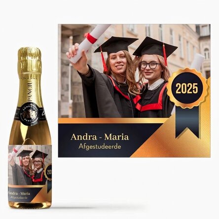 Mini-flesje mousserende wijn, gepersonaliseerd met een boodschap en een foto - Afstuderen