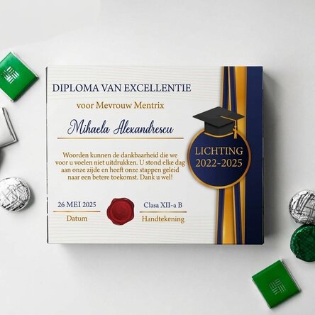 Gepersonaliseerd bonbondoosje met een bedanktekst voor de klassenlerares