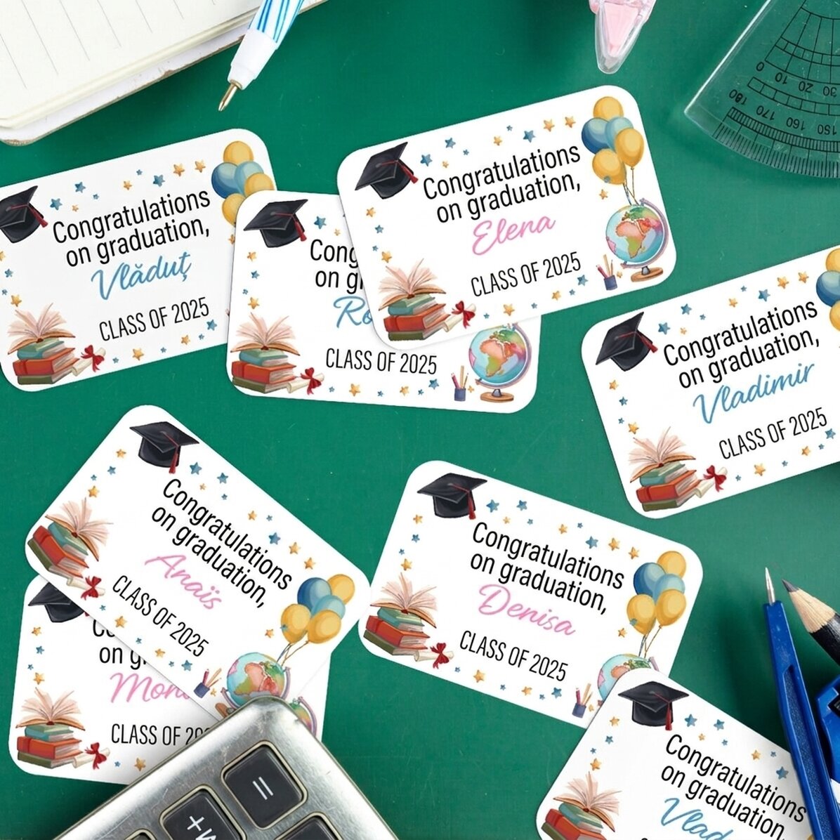 Set van 8 gepersonaliseerde stickers (zelfklevende etiketten) met een boodschap - Afstuderen