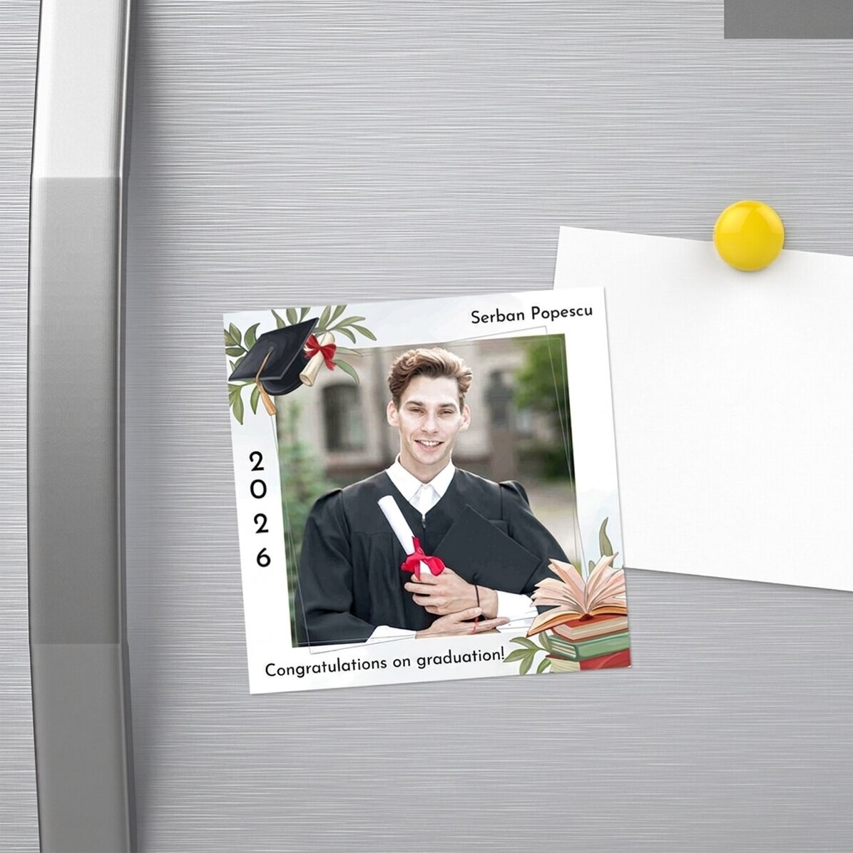 Gepersonaliseerde magneet van 10x10 met foto en tekst - Felicitaties voor het afstuderen