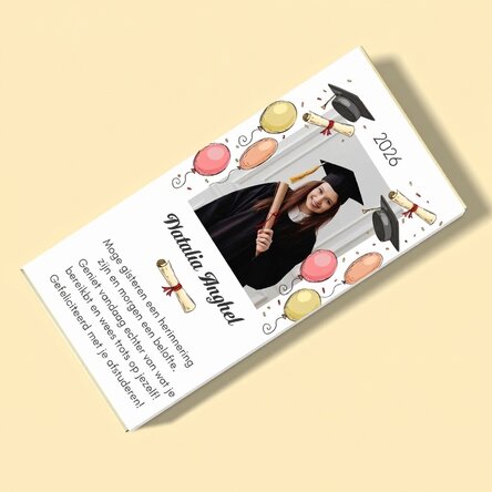 Chocolade met een foto en tekst erop - Afstuderen