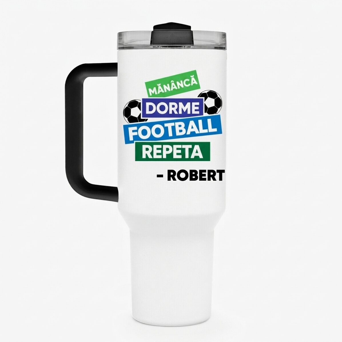 Thermosbeker met handvat en rietje, gepersonaliseerd met naam - Voetbal