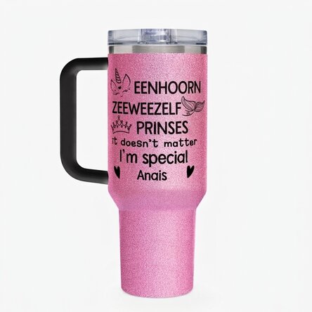 Thermosfles met handvat en rietje, gepersonaliseerd met de tekst 'I'm special'