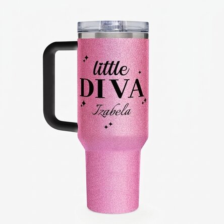 Thermosbeker met handvat en rietje, gepersonaliseerd met een boodschap - little diva