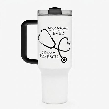 Thermos mug with handle and straw, personalised with message - Best Doctor
