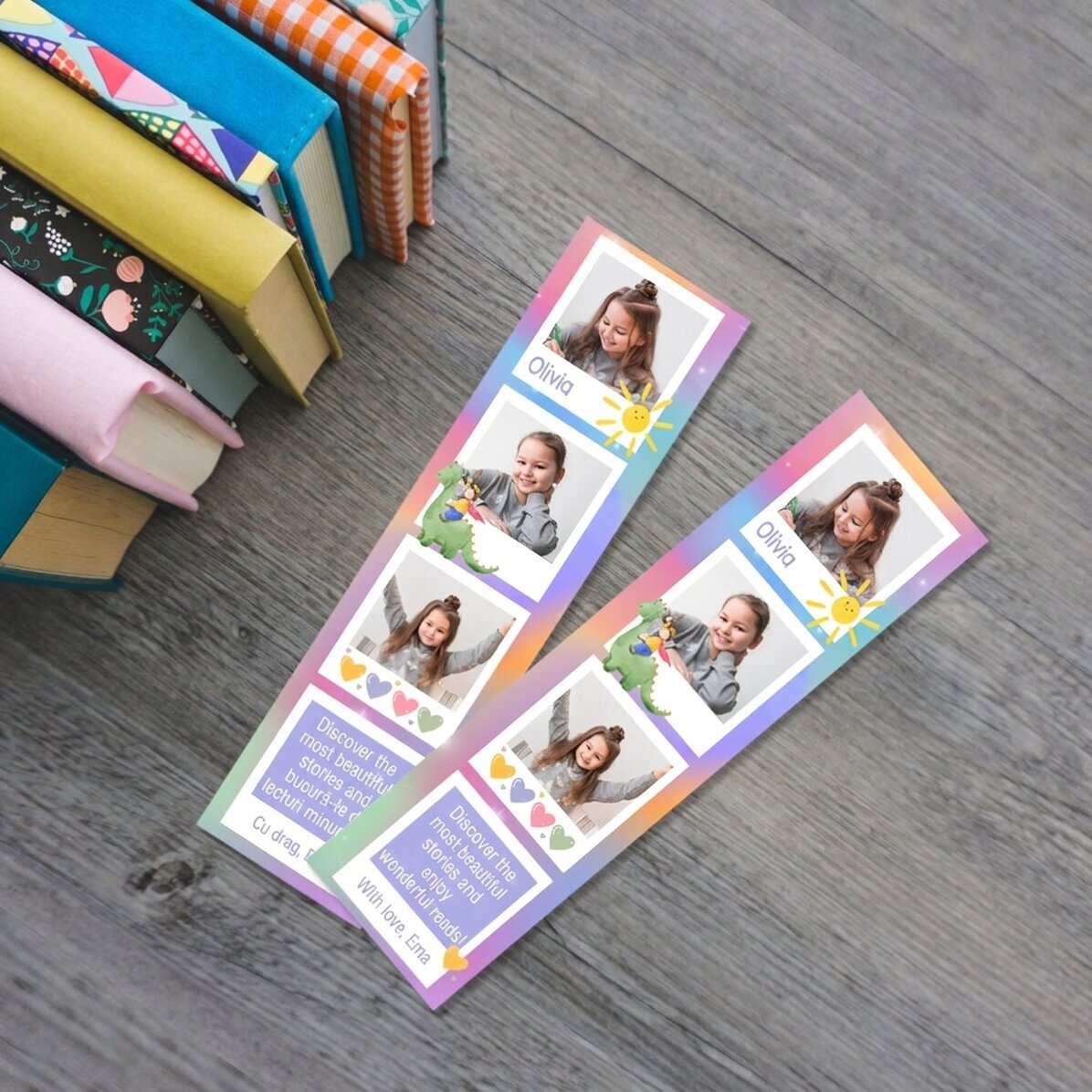 Gepersonaliseerde boekenlegger met boodschap en 3 foto