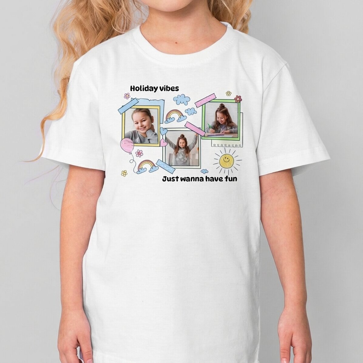 Katoenen T-shirt voor kinderen, gepersonaliseerd met een tekst en 3 foto