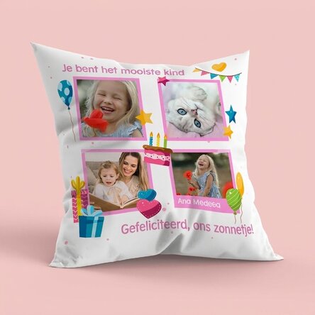 Gepersonaliseerd kussen met 4 foto’s en een boodschap – Gelukkige verjaardag, kinderen