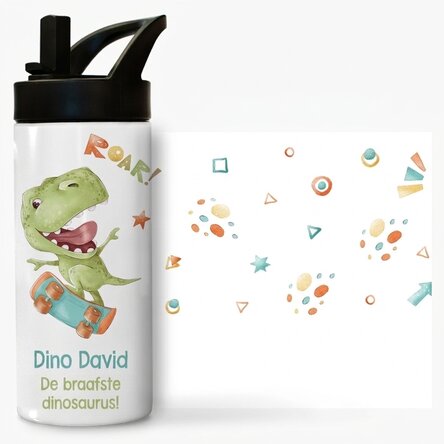 Thermosfles met handvat en rietje, gepersonaliseerd met een boodschap voor kinderen - Dino