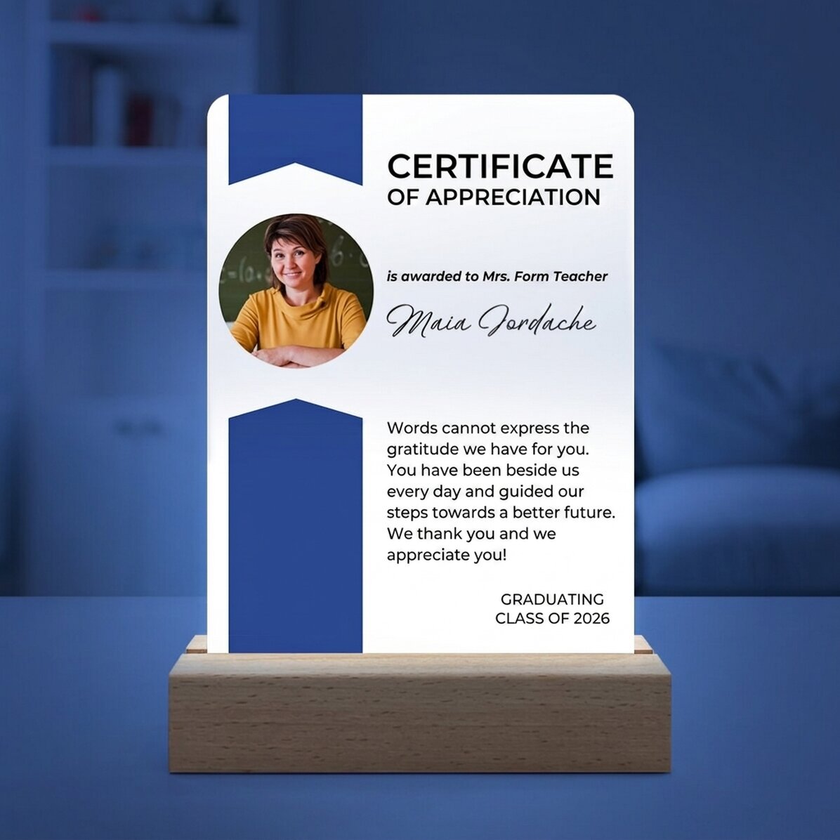 Gepersonaliseerde LED-nachtlamp met een foto en een boodschap - Waarderingcertificaat