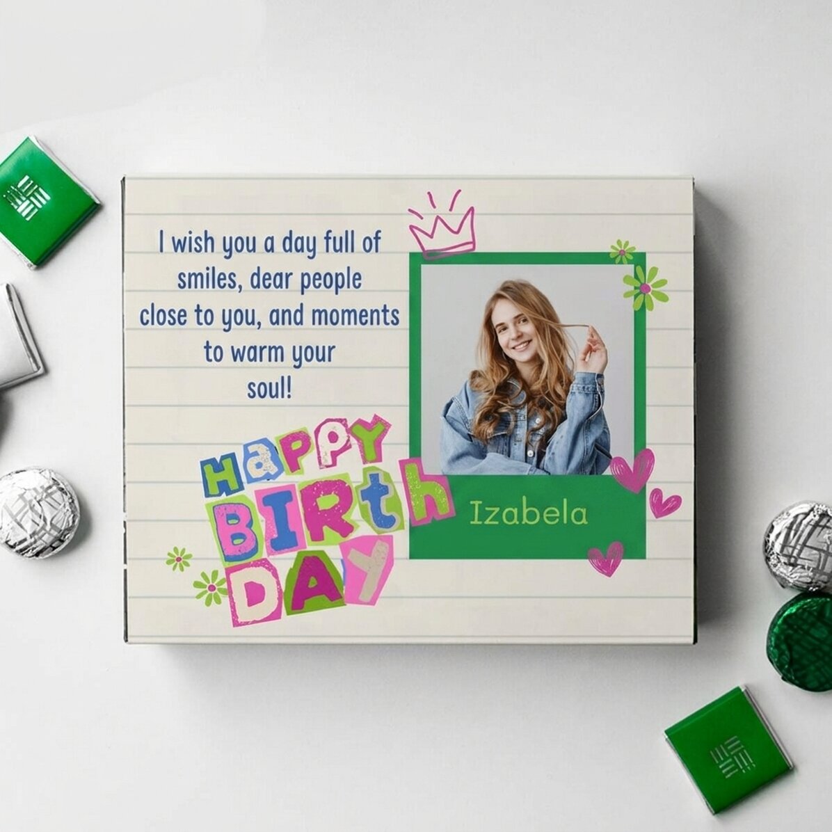 Gepersonaliseerde bonbondoos met een foto en een boodschap - Happy Birthday!