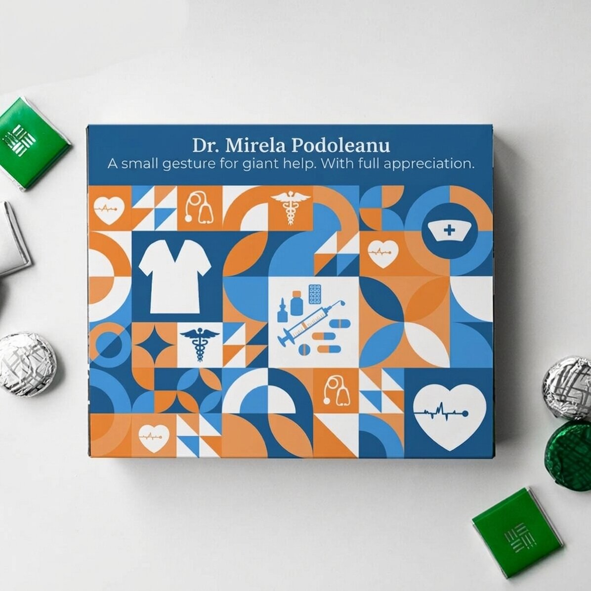 Gepersonaliseerde doos bonbons met een bedankbericht voor artsen