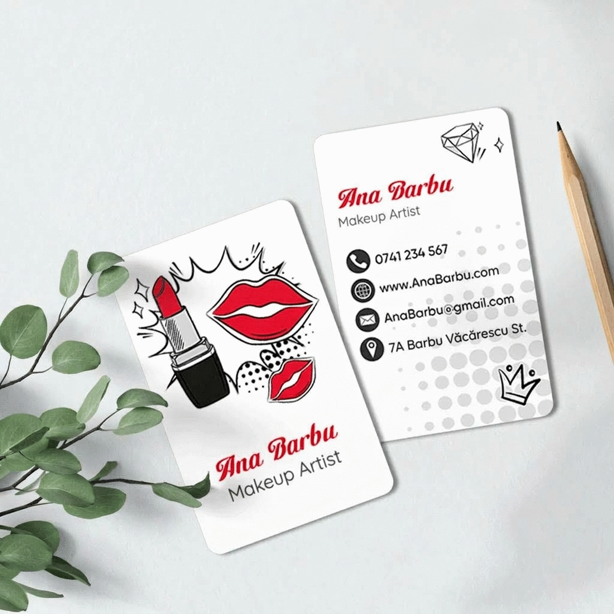 Gepersonaliseerd aluminium visitekaartje, voor- en achterzijde, met boodschap - Make-up Artist