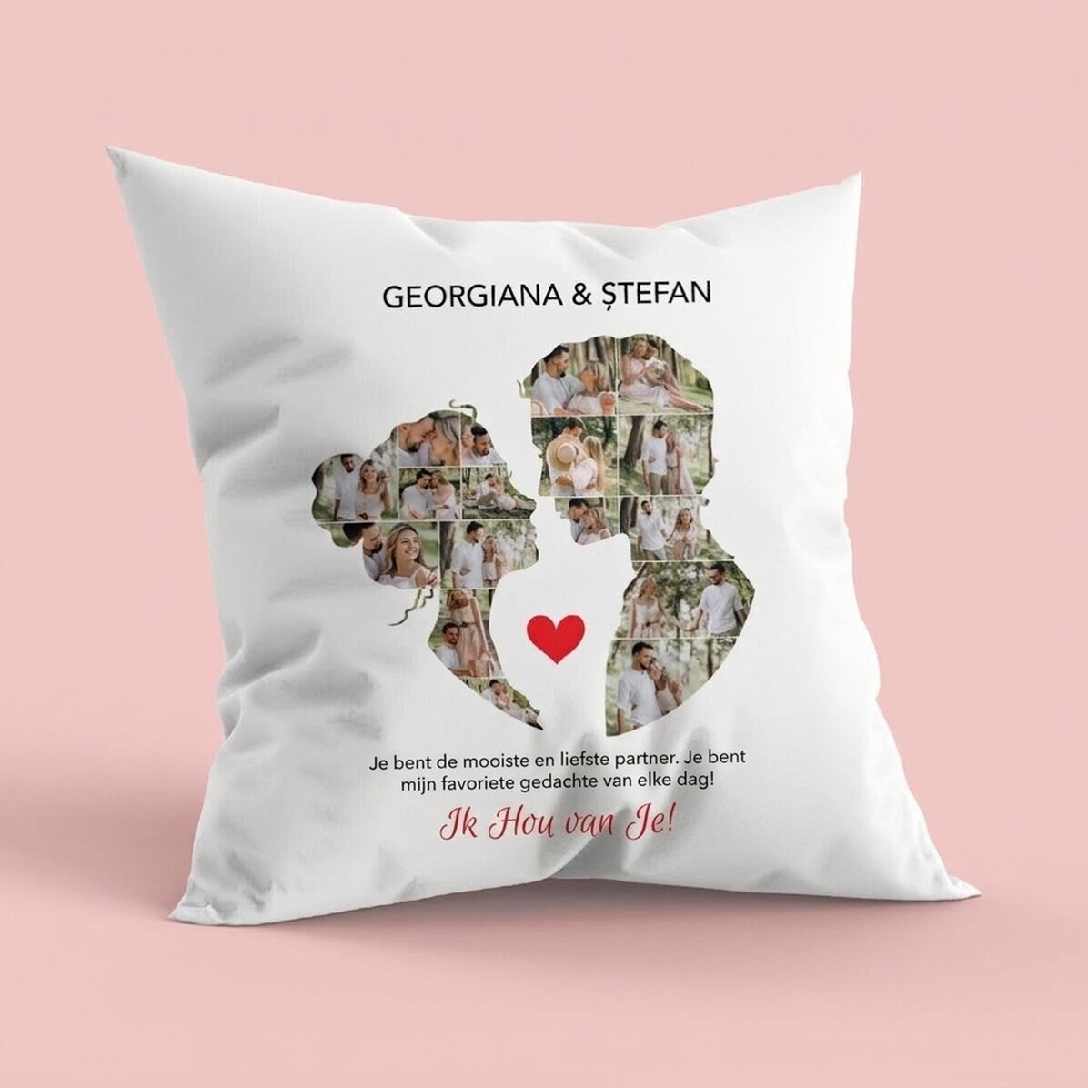 Gepersonaliseerd kussen met 17 foto’s en tekst voor koppels – Onze liefde