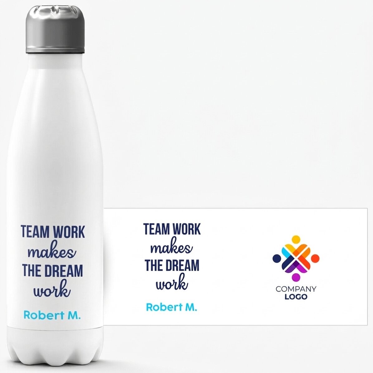 Gepersonaliseerde thermosfles met witte onderkant, voorzien van logo en tekst - Teamwork