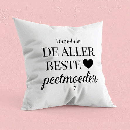 Gepersonaliseerd kussen met boodschap voor peetouders