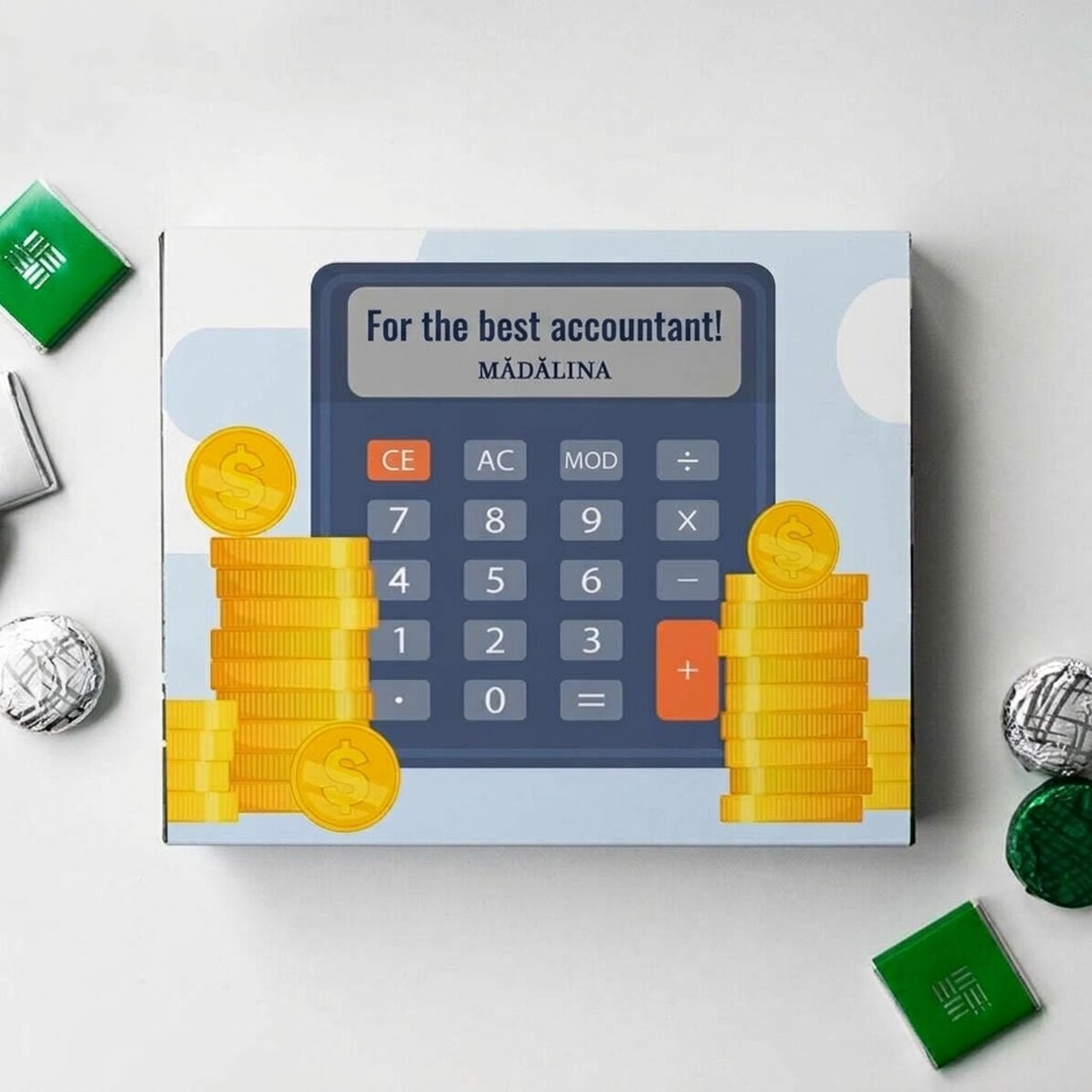 Gepersonaliseerde bonbondoos met een bedankbericht voor accountants