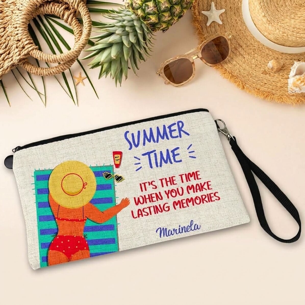 Gepersonaliseerd accessoiretasje met tekst - On the beach