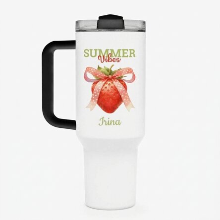 Thermos mug with handle and straw, personalised with message - Summer Vibes