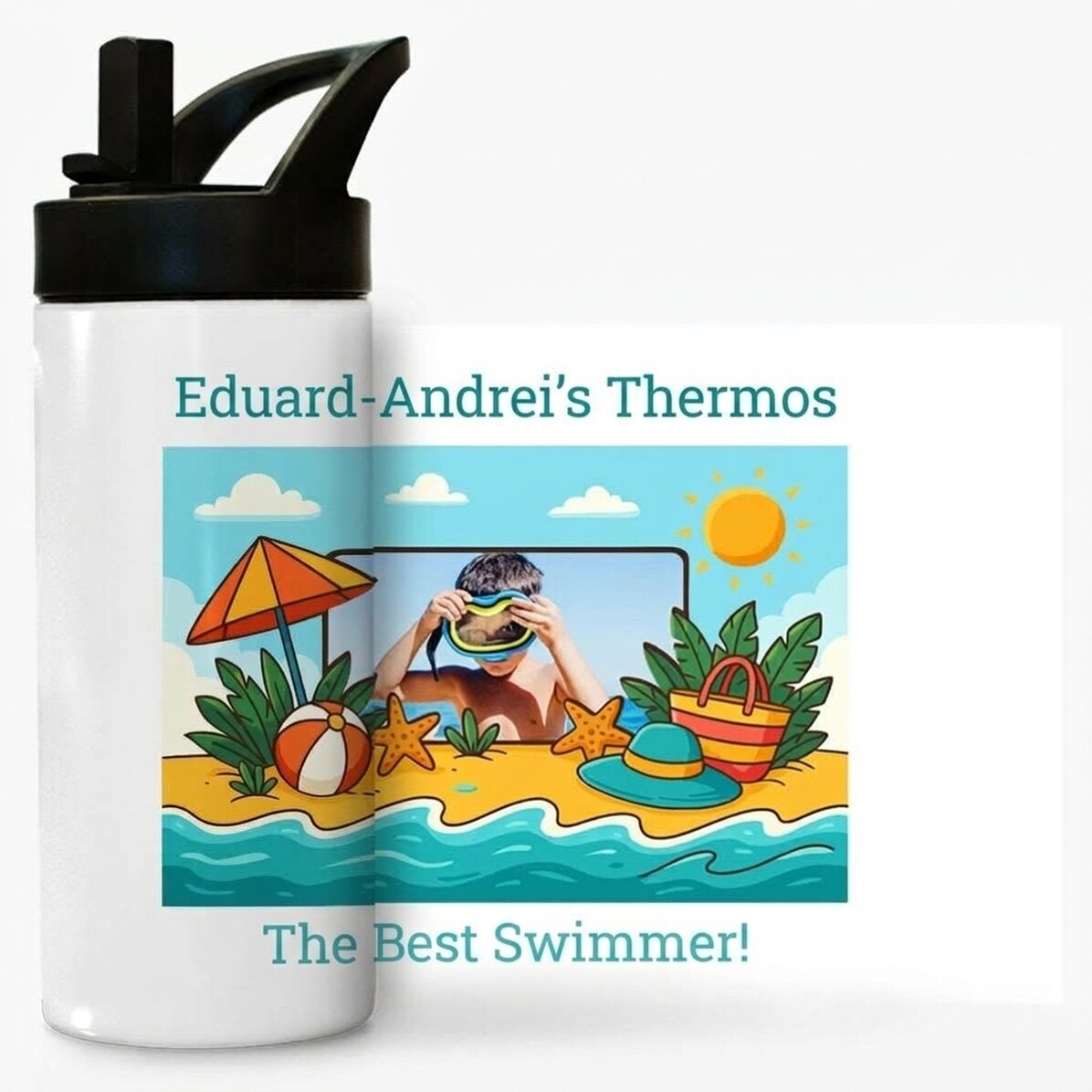 Thermosfles met handvat en rietje, gepersonaliseerd met foto en boodschap voor kinderen - Zomervakan