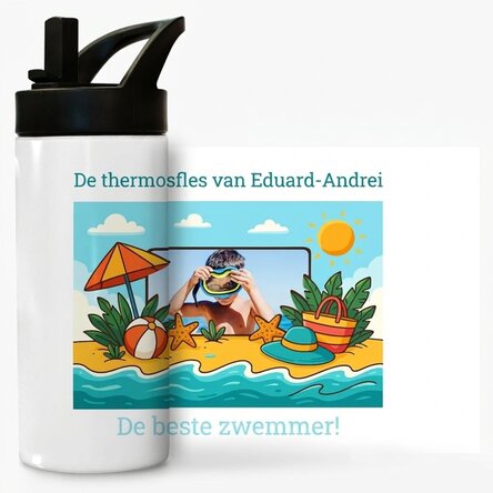 Thermosfles met handvat en rietje, gepersonaliseerd met foto en boodschap voor kinderen - Zomervakan