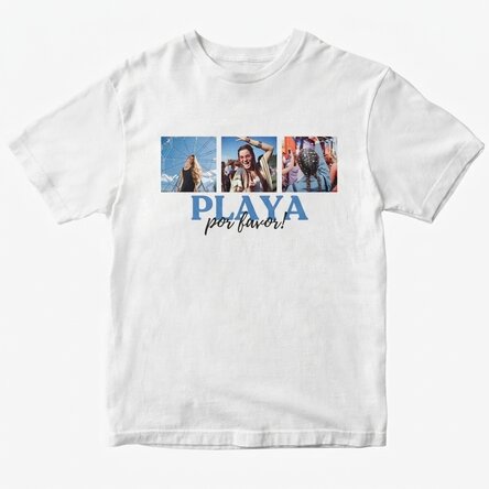 Gepersonaliseerd katoenen T-shirt met 3 foto's en een tekst - Beach, please!