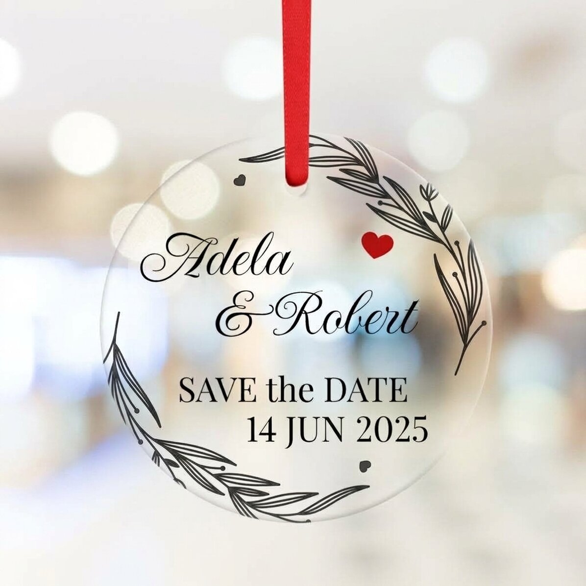 Ronde, gepersonaliseerde versiering met tekst - Save the date