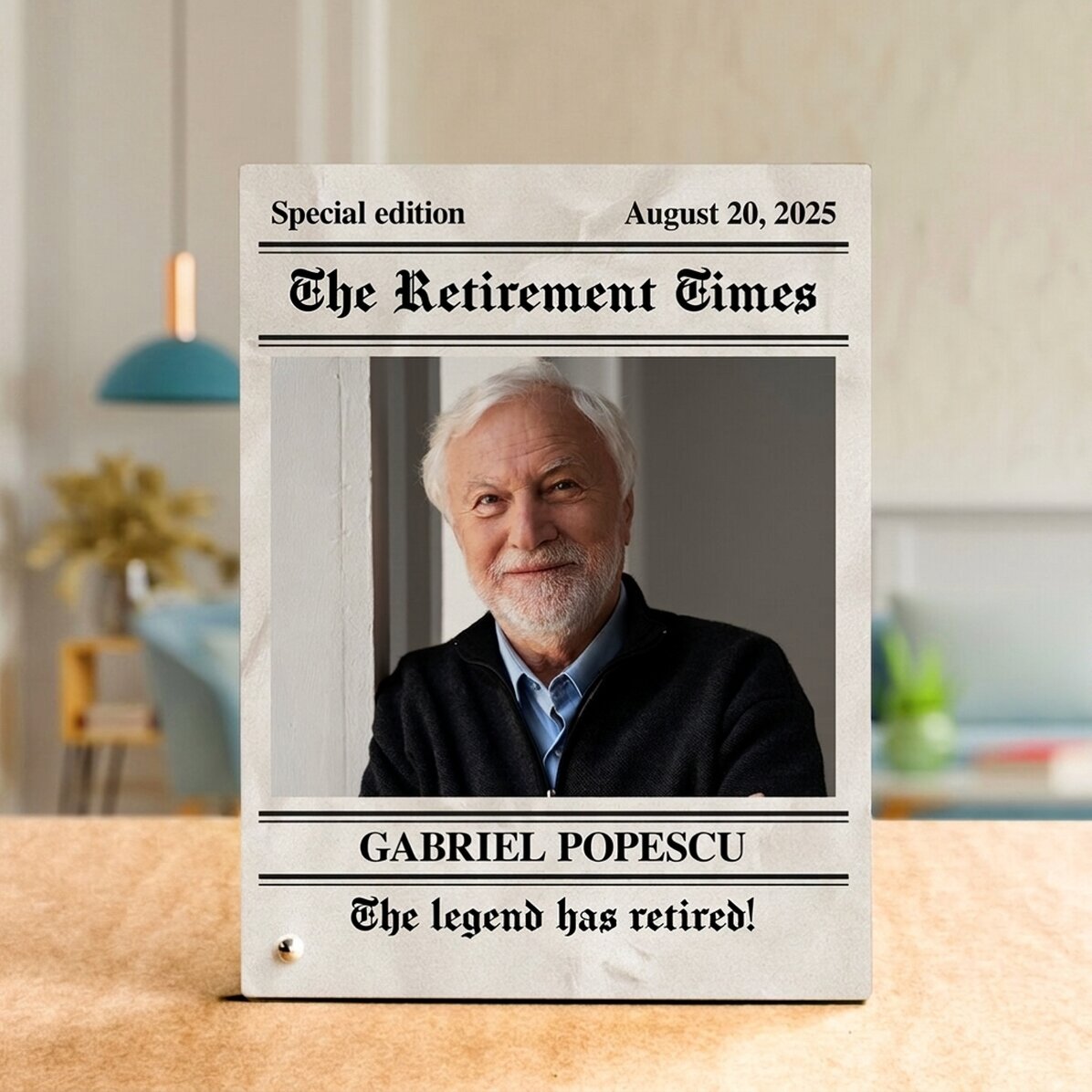 Gepersonaliseerd fotolijstje voor op het bureau met een foto en een tekst ter gelegenheid van het pe