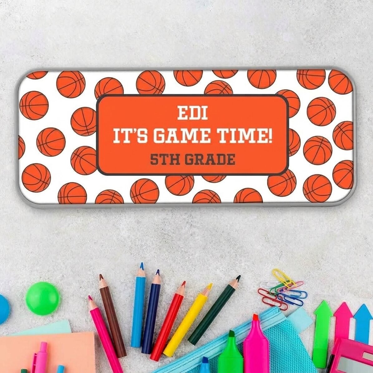 Gepersonaliseerd etui met tekst - Basketbal