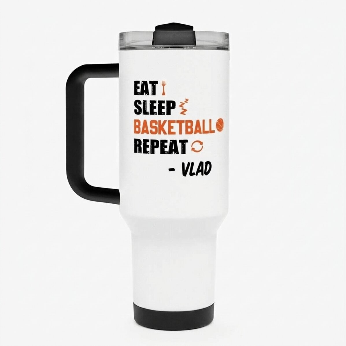 Thermosbeker met handvat en rietje, gepersonaliseerd met naam - Basketbal